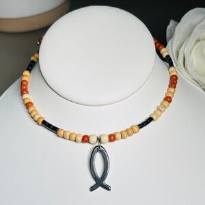 Vintage Wooden Beaded Memory Wire Choker Necklace, w/ Hematite Ichthus Pendant